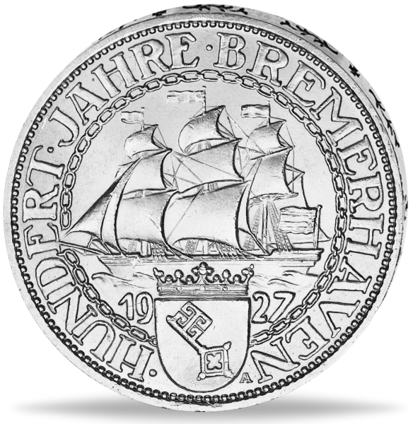 3 Reichsmark „100 Jahre Bremerhaven - A“ 1927 - Silber - Münze Vorderseite