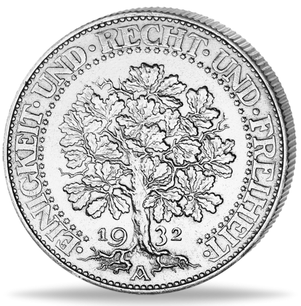 Weimarer Republik, 5 Reichsmark Eichbaum 1932, Prägebuchstabe A (J.331) - Silber