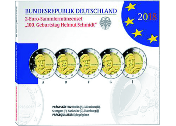 5 x 2 Euro-Satz Helmut Schmidt Polierte Platte - Sammelmappe