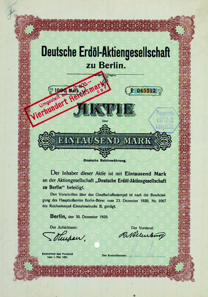 Aktie 1.000 Mark Deutsche Erdöl AG - DEA