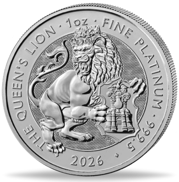 100 Pfund 'Tudor Beast' Queen's Lion 1 Unze Platin - Münze Vorderseite