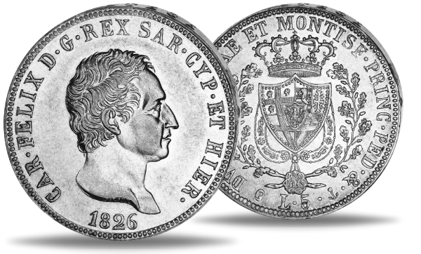 5 Lire König Carlo Felice Sardinien - Münze Vorderseite / 5 Lire König Carlo Felice Sardinien - Münze Rückseite