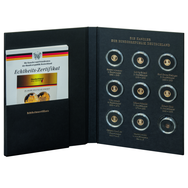 Sammelalbum Die Kanzler der BRD inkl. 9 Münzen Gold - Kassette offen