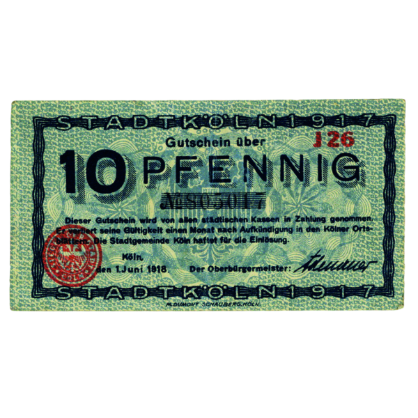 10 Pfg 1917 Köln, Not-Geldschein Oberbürgermeister Adenauer - Schein Vorderseite
