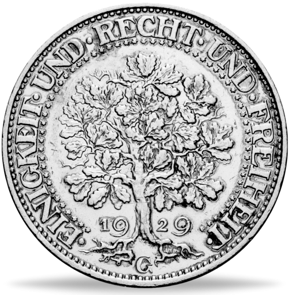 Weimarer Republik, 5 Reichsmark Eichbaum 1929, Prägebuchstabe A (J.331) - Silber