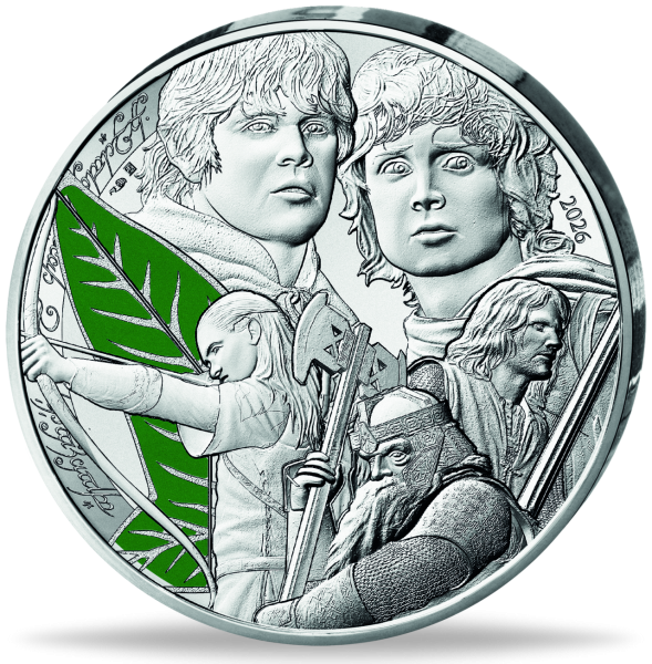 100 Euro Blatt von Lorien, 1 Unze Silber farbveredelt - Münze Vorderseite