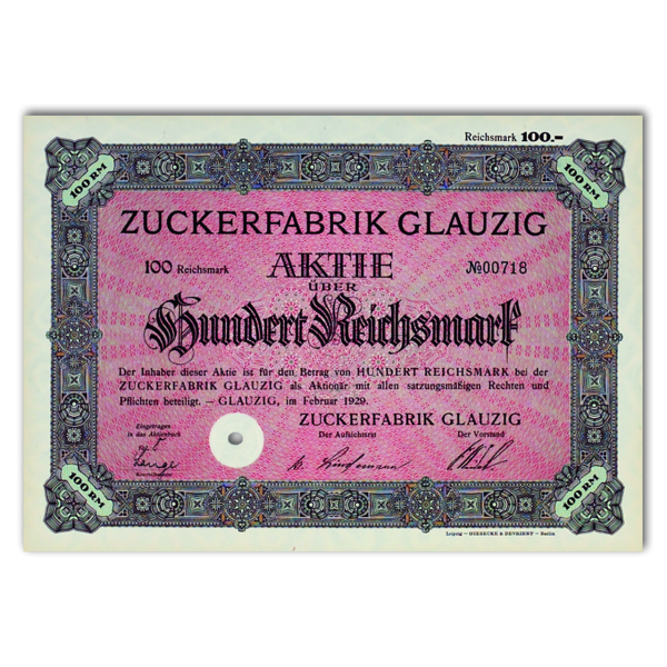 Aktie 100 Reichsmark Zuckerfabrik Glauzig - Vorderseite
