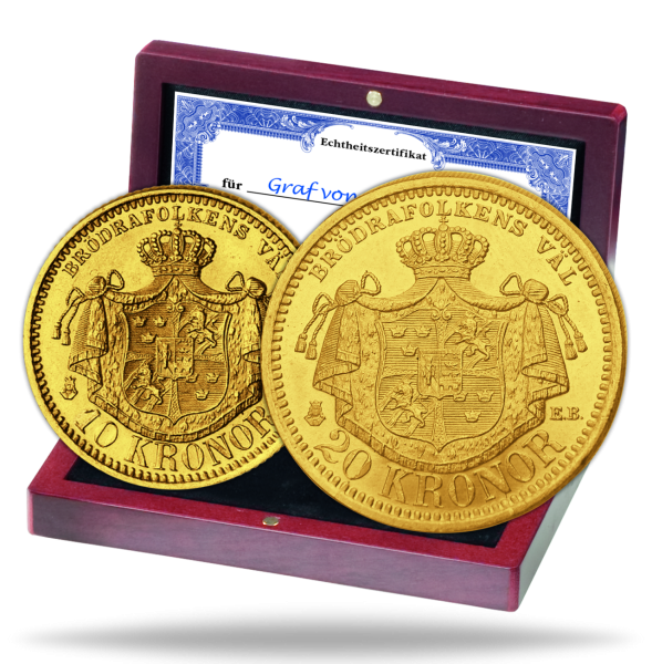 Goldsatz 10 & 20 Schwedische Kronen, Oskar II. inklusive Zubehör - Satzbild