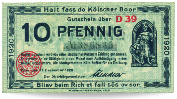 10 Deutsche Pfennig Köln - Oberbürgermeister Adenauer - Banknote Vorderseite