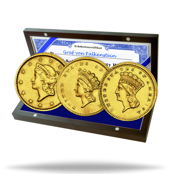USA, 1-Dollar-Gold-Kollektion (Typ I/II/III) 3 Mz., Zubehör - Satzbild