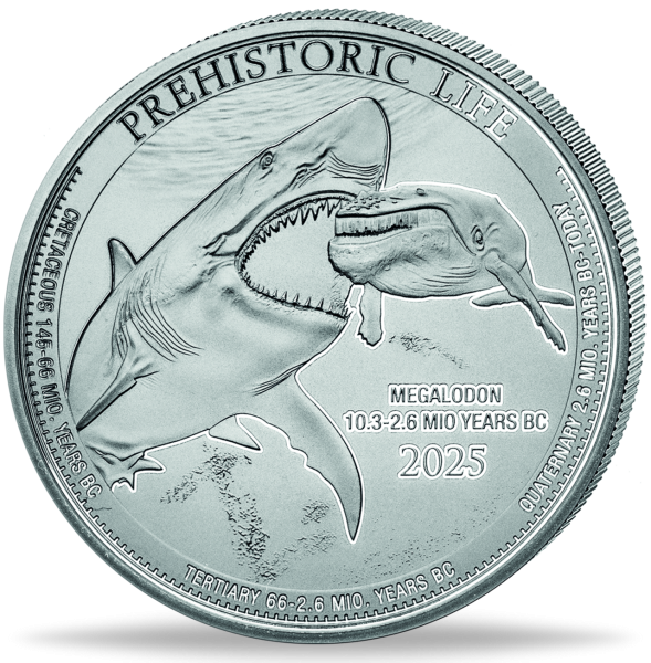 20 Francs 2025, Megalodon Prehistoric Life II, 1 Unze Ag - Münze Vorderseite