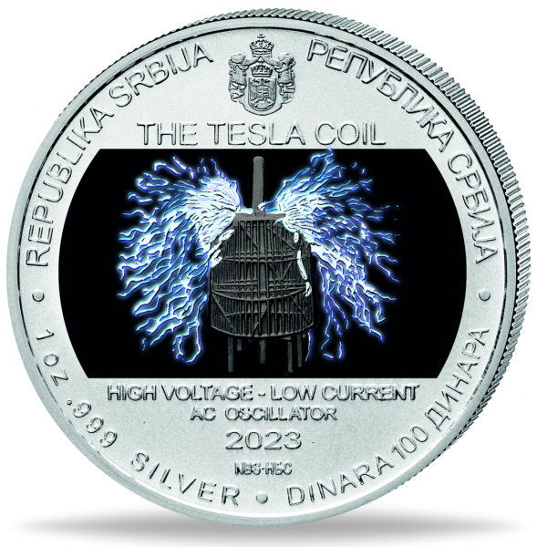 100 Dinar Teslaspule - mit Farbapplikation - Münze Vorderseite
