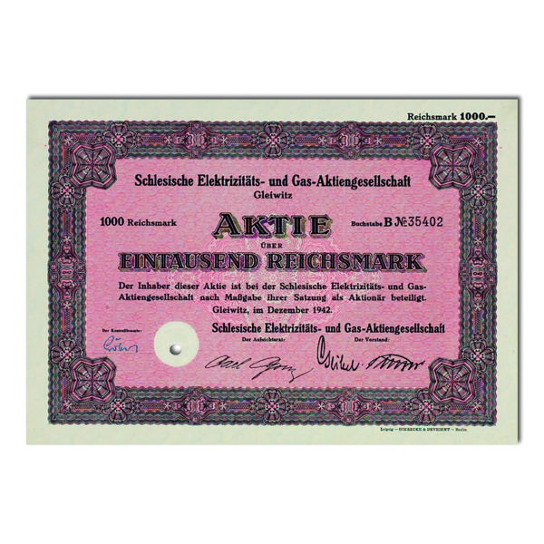Aktie 1.000 Reichsmark Schlesische Elektricitäts- und Gas-AG Gleiwitz