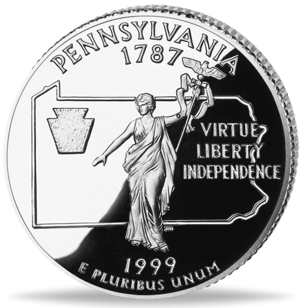 USA, 1/4 $ Pannsylvania, State Quarter-Serie, 1999, bfr - Münze Vorderseite
