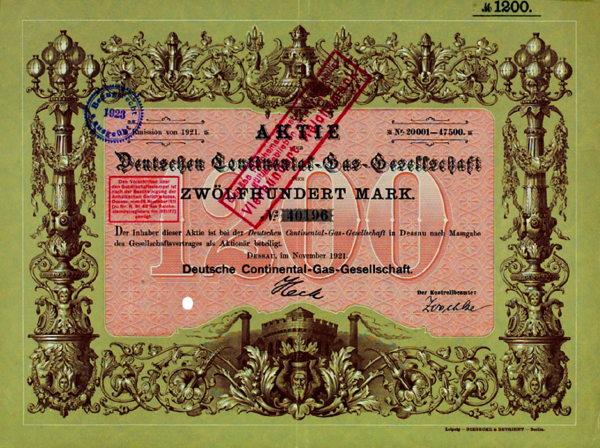1.200 Mark Deutsche Continental-Gas-Gesellschaft Dessau - Aktie