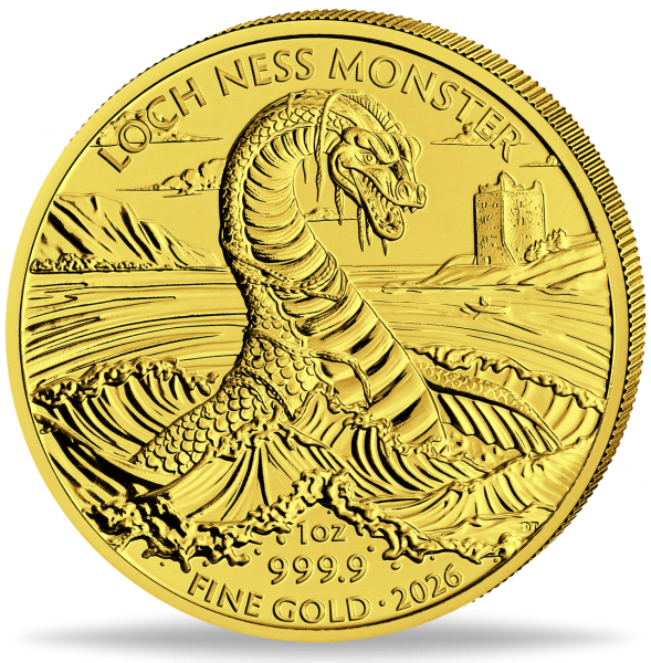 100 Pfund Loch Ness Monster 1 oz Au - Münze Vorderseite