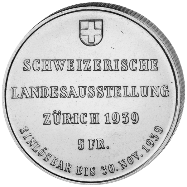 5 Schweizer Franken Landesausstellung 1939 - Münze Rückseite