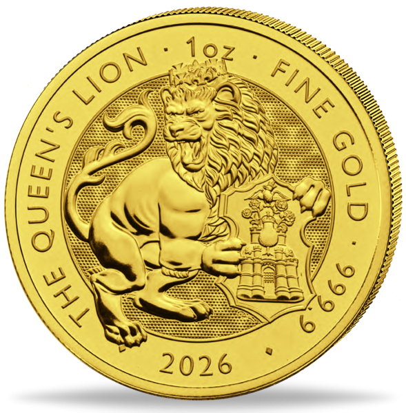 100 Pfund 'Tudor Beast' Queen's Lion 1 Unze Gold - Münze Vorderseite