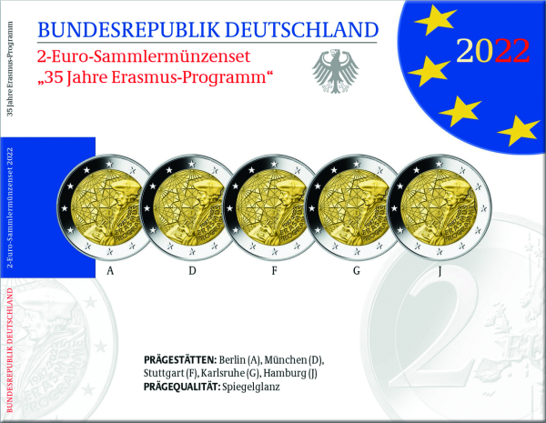 5x 2 Euro Erasmus-Programm - alle 5 Prägestätten - Sammelalbum