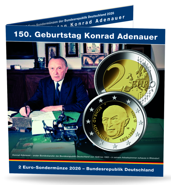 5x 2 Euro 150. Geb. Konrad Adenauer, 2026, bfr. A_J, im Album - Albumfront