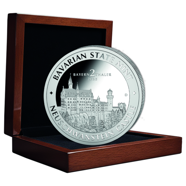 2 Bayern-Thaler, High Relief, 2 Unze Silber 2025 - Münze in Kassette groß
