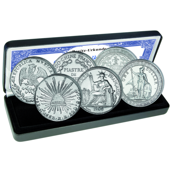 Handelsmünzen Satz Französisch-Indochina, England, Mexico - Silber - Kassette
