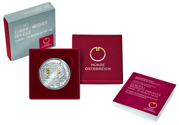 Österreich, 20 Euro Weisheit der Eule - Europa, PP - Münze und Etui
