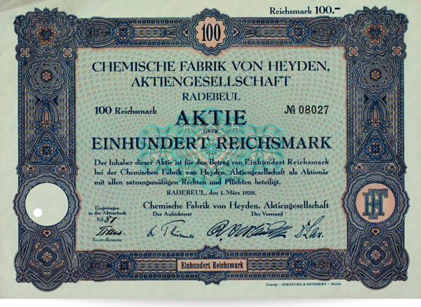 100 Reichsmark Chemische Fabrik von Heyden AG Radebeul - Aktie Vorderseite