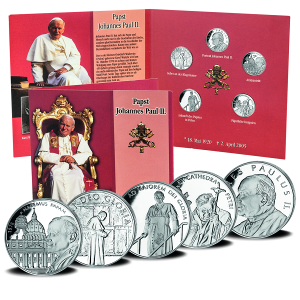 5 L Satz Papst Joh Paul II - Blister & Münzen im Vordergrund
