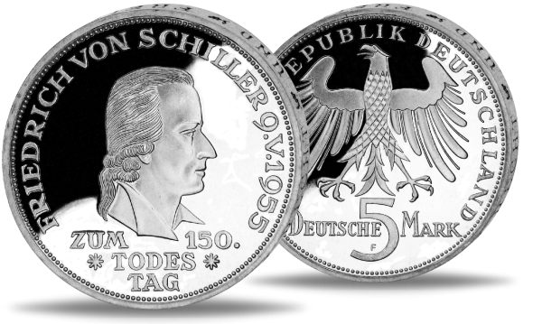 Deutschland, 5 DM Friedrich von Schiller, 1955, Silber, st - Münze Vorderseite / Deutschland, 5 DM Friedrich von Schiller, 1955, Silber, st - Münze Rückseite