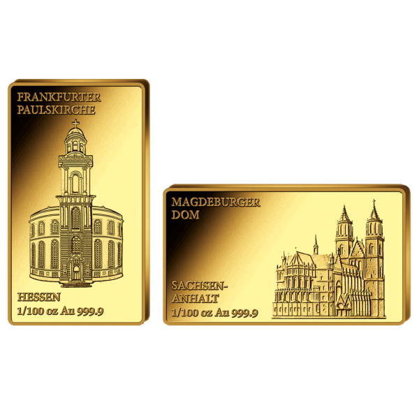 2 x 1/100 Unze Magdeburger Dom & Frankfurter Paulskirche, Goldbarren - Satz
