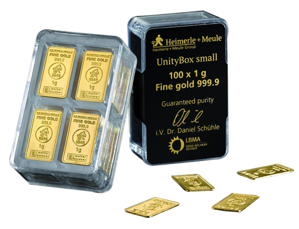 Gold 100x1 g UnityBox Heimerle und Meule | Münzen-Versandhaus 