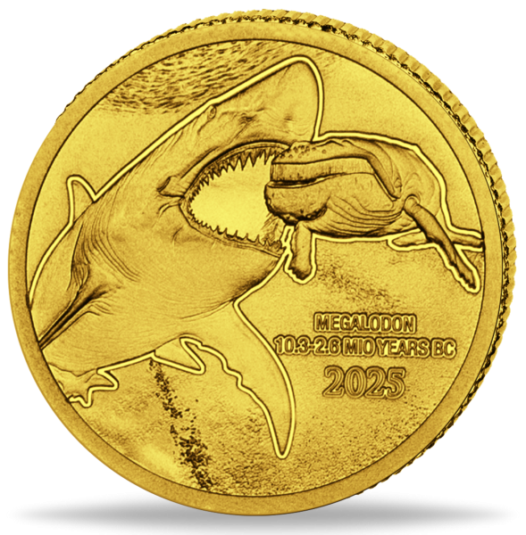 100 Francs 2025, Megalodon Prehistoric Life II. 0,5 g Gold, PP - Vorderseite