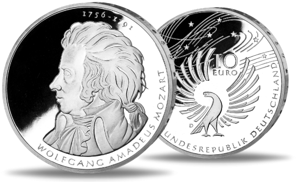10 Euro Wolfgang Amadeus Mozart - Vorderseite Münze / 10 Euro Wolfgang Amadeus Mozart - Rückseite Münze