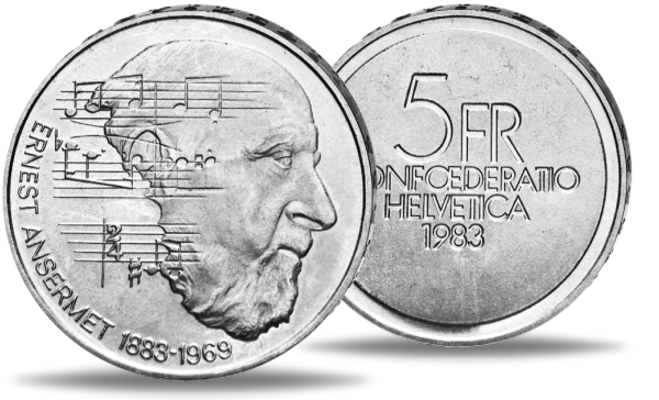 5 Schweizer Franken Ernest Ansermet - Münze Vorderseite / 5 Schweizer Franken Ernest Ansermet - Münze Rückseite