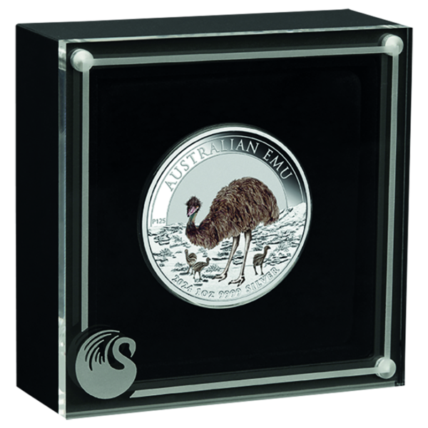 1 Dollar 'Emu' - Silber mit Farbapplikation - Münze in Halter stehend