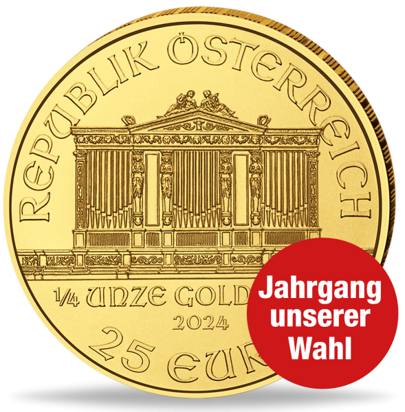 25 Euro Philharmoniker 1/4 Unze Gold, Jahrgang unserer Wahl - Münze Vorderseite