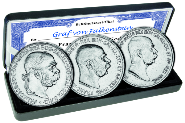 3x 5 Kronen Komplettsatz, Kaiser Franz Joseph I. - Silberh - Satzbild Kassette