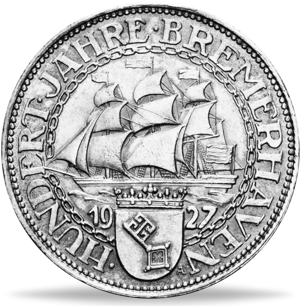 5 Reichsmark 100 Jahre Bremerhaven Buchstabe A 1927 - Silber - Münze Vorderseite