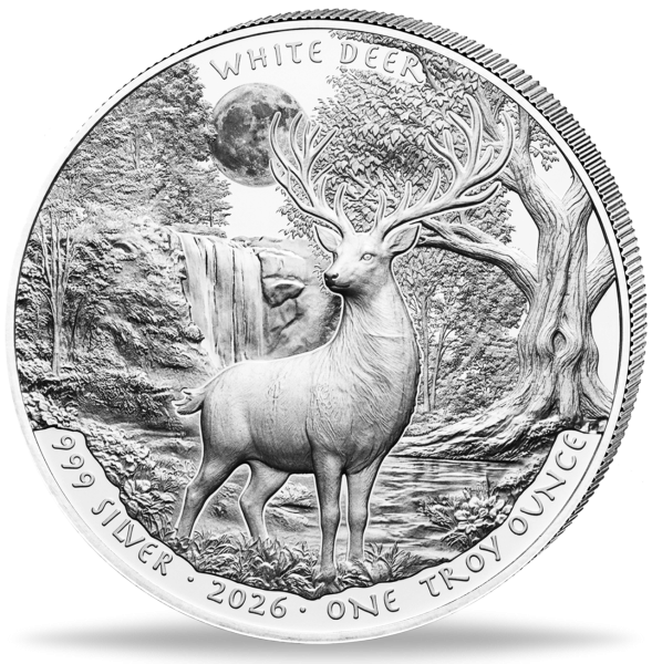 USA, 1 Dollar White Deer 2026, 1 Unze Silber - Münze Vorderseite