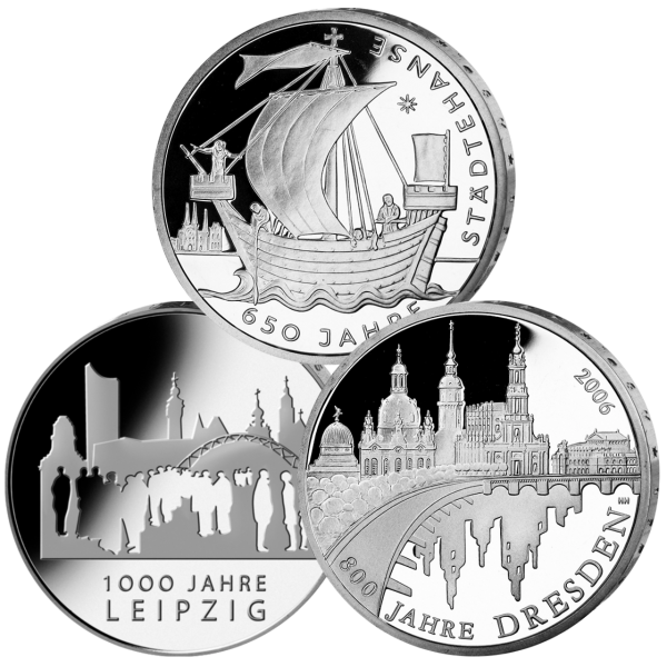 Deutschland, 3x 10 Euro-Gedenkmünzen zu Städtejubiläen, Silber, PP - Satzbild