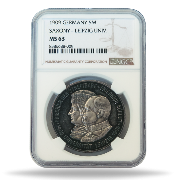 5 Mark 1909 (J.139), König Friedrich August III., NGC MS-63 - Münze Vorderseite