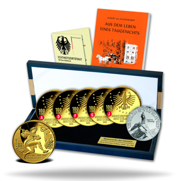 5x 100 Euro Edition Aus dem Leben eines Taugenichts, 2025, Gold, A-J - Satzbild