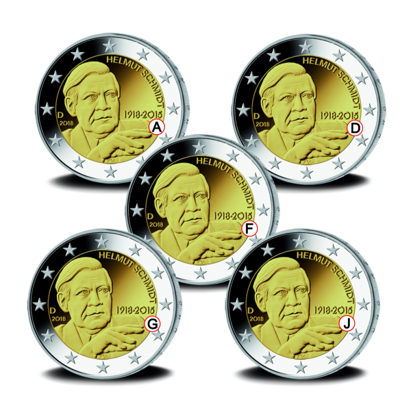 5x 2 Euro 100. Geburtstag Helmut Schmidt, alle 5 Prägestätten - Satzbild