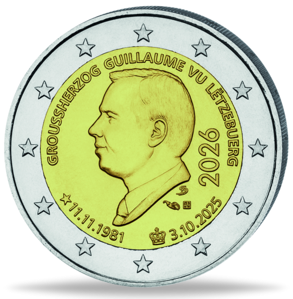 Luxemburg, 2 Euro Thronbesteigung Guillaume, 2026, bfr. - Münze Vorderseite