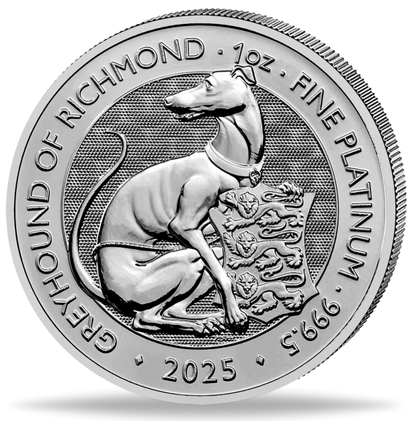 100 Pfund Greyhound of Richmond 1 Unze Platin 2025 - Münze Vorderseite