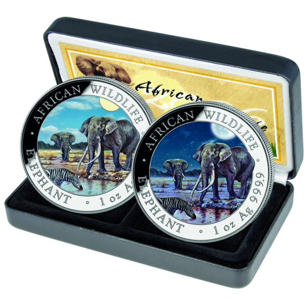 Somalia, 2x 100 Shilling Elefant 2026, African Wildlife, Satz Tag & Nacht - Silb