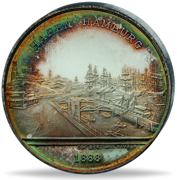 Medaille mit Regenbogen-Patina '100 Jahre Hafen Hamburg' - Medaille Vorderseite