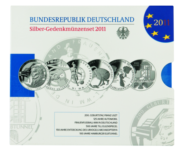 10 Euro-Gedenkmünzensatz mit allen 5 Ausgaben 2011 in Präsentationsmappe