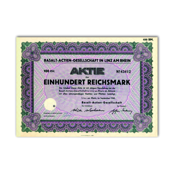 Aktie 100 Reichsmark Basalt-AG, Linz